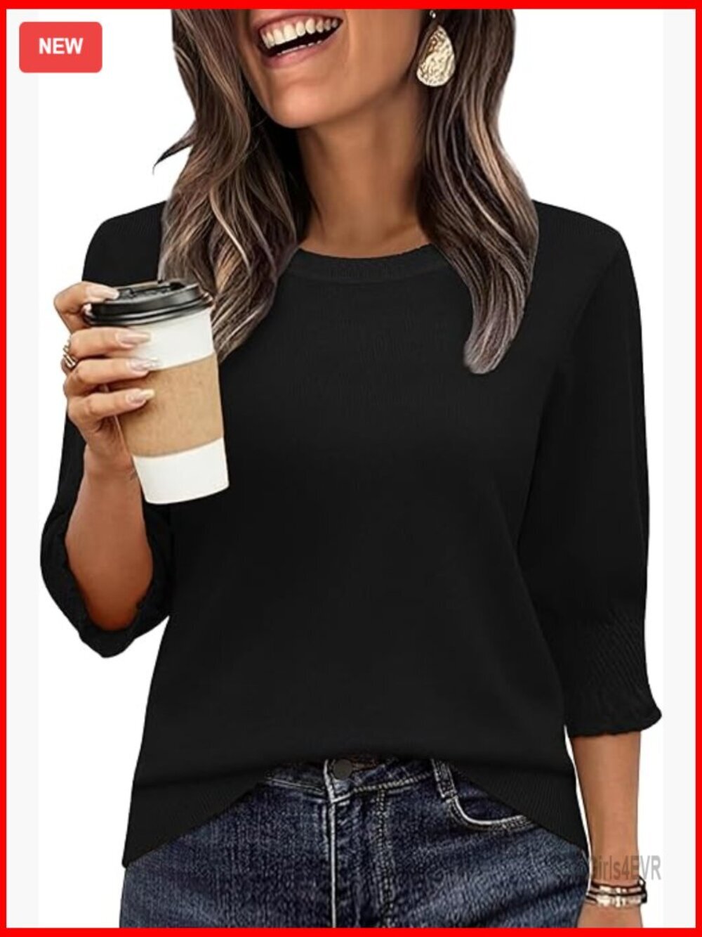 Lightweight Knit Sweater Top 3/4 Pleated Sleeves Loose Fit Business Casual